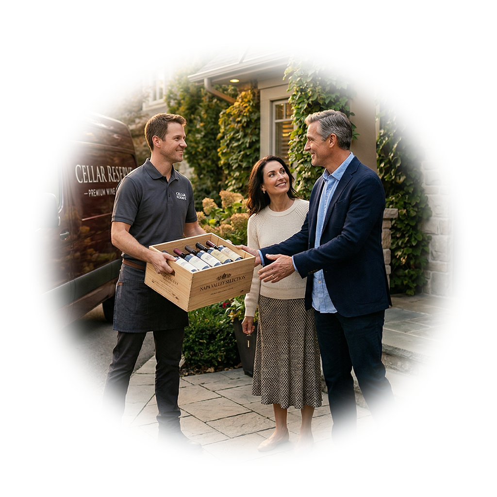 Premium wine delivery - driver handing Napa Valley wine crate to couple at home