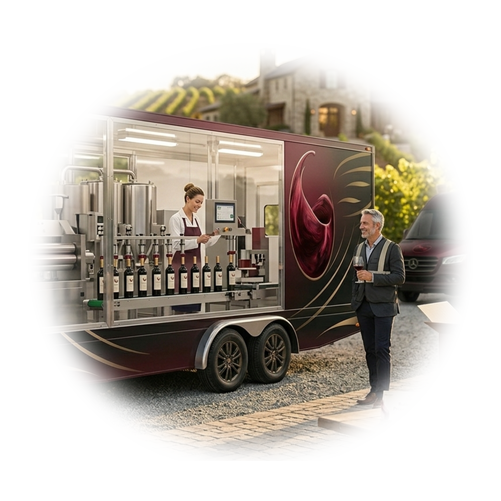 Mobile wine bottling trailer with professional equipment and winery in background