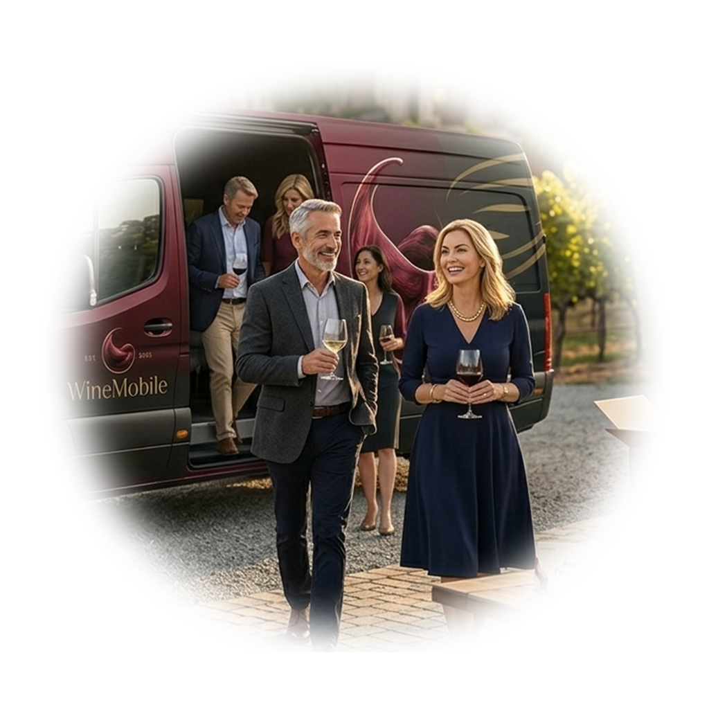 Wine tour concierge - guests exiting WineMobile van at vineyard with wine glasses