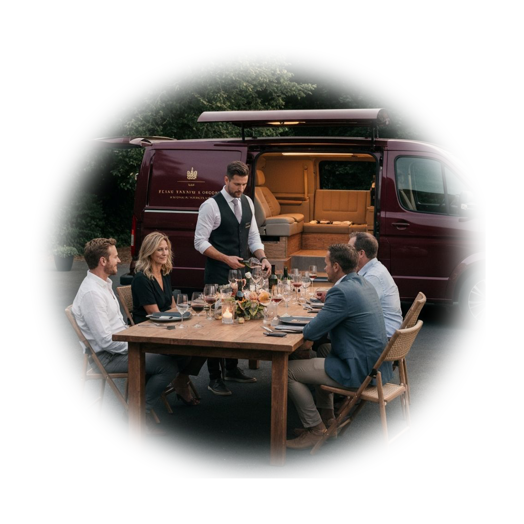 Mobile wine tasting event with sommelier serving guests at outdoor dinner