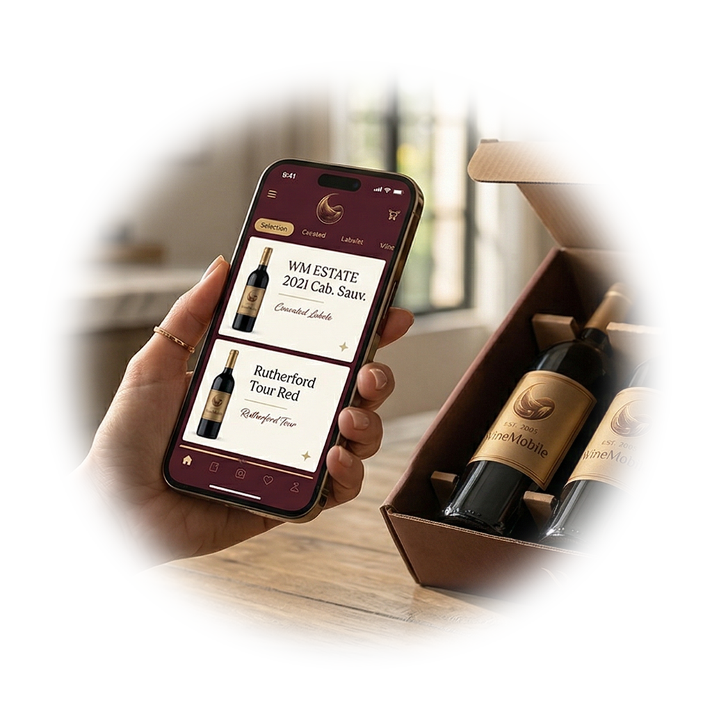 Wine subscription service with WineMobile app and branded bottles in box