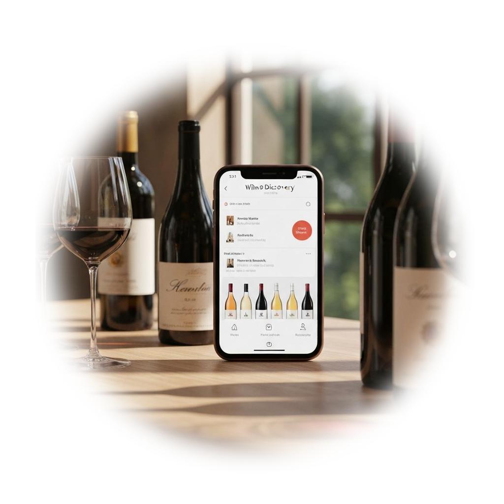 Wine Discovery mobile app surrounded by wine bottles on table